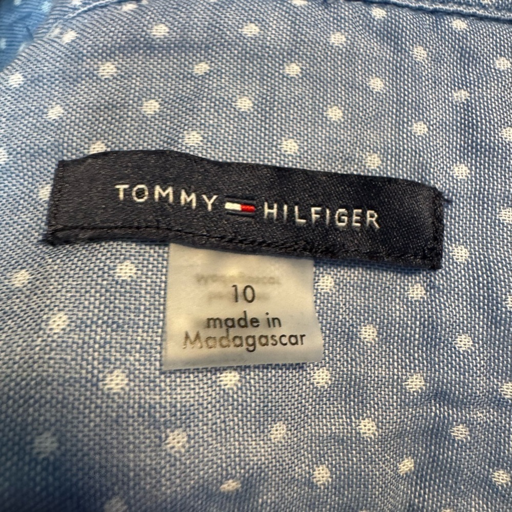 Tommy Hilfiger mini dress white polka dot/ blue collared belted half button sz10 - Picture 12 of 12